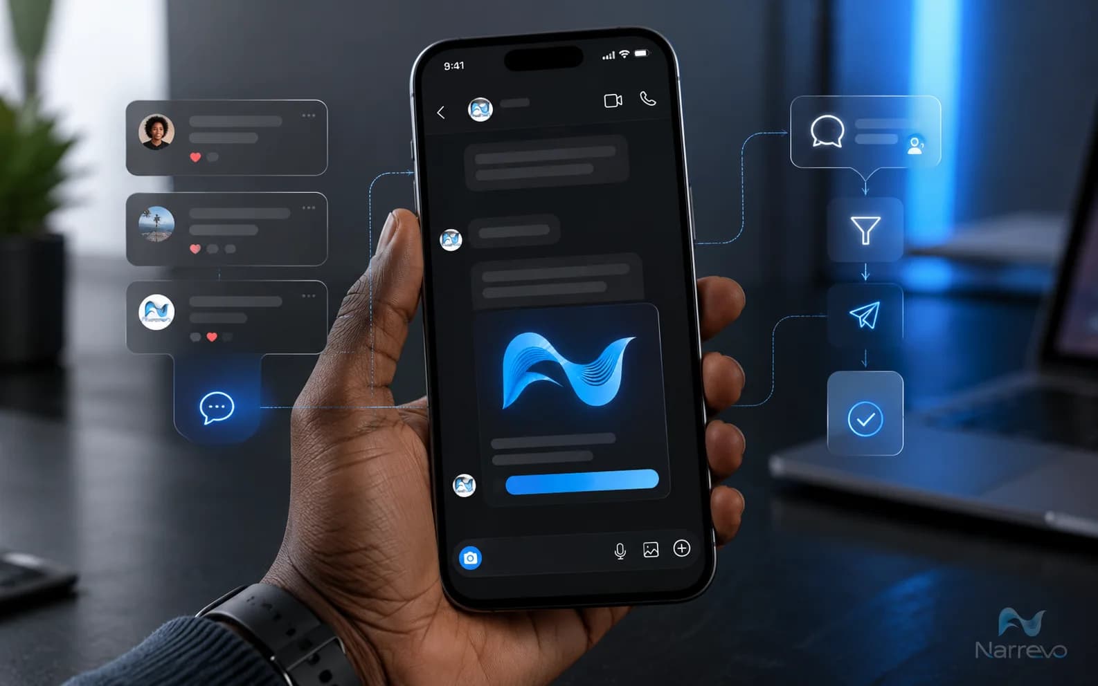 Diffusion et funnel DM — conversations et lien tracké sur mobile