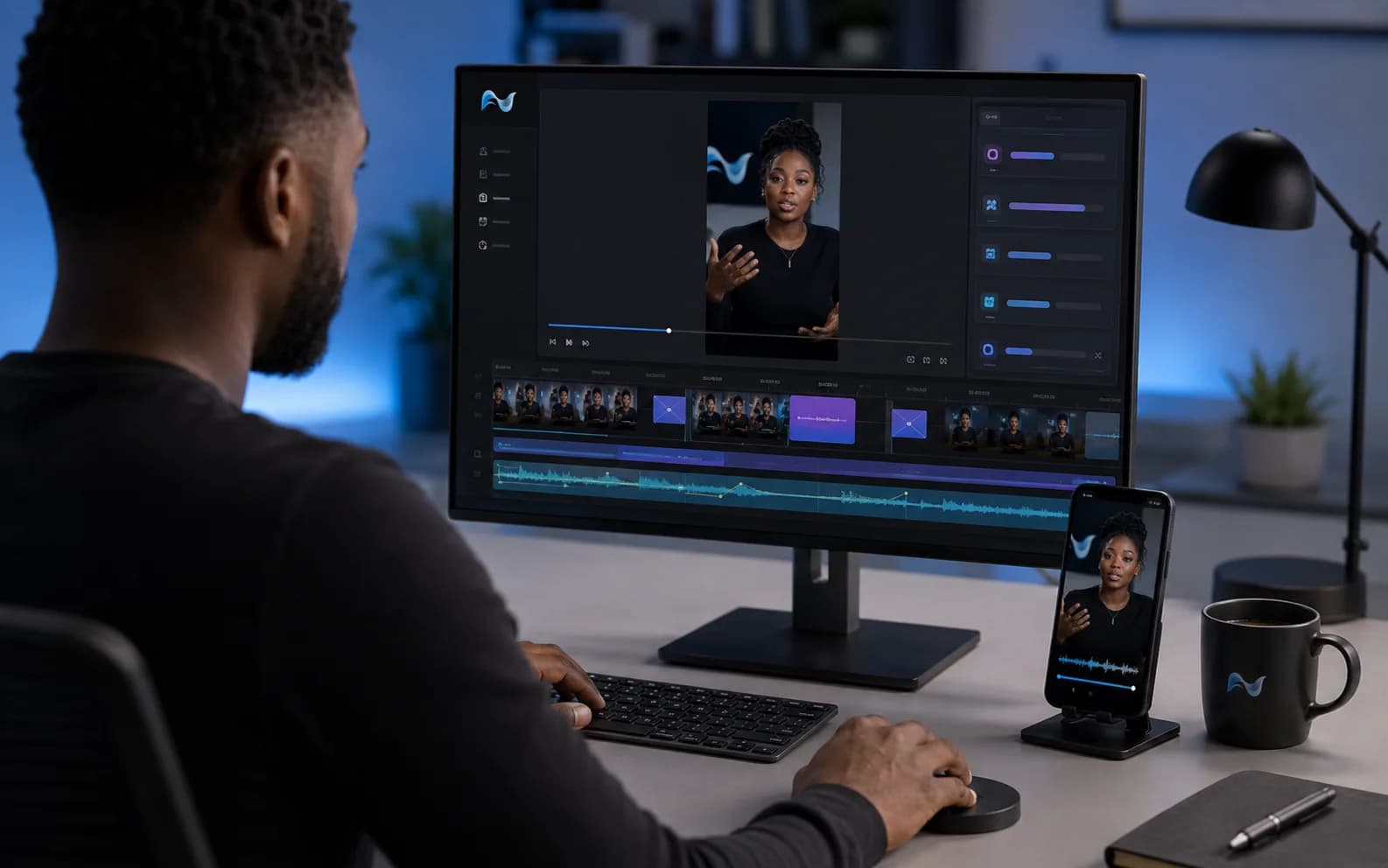 Créatrice face au montage automatique — timeline et rendu vertical NARREVO